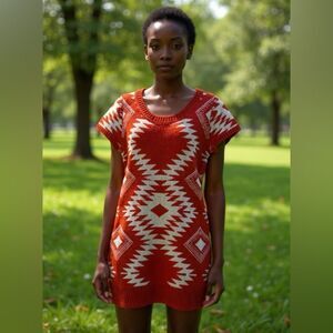 Liv Short Sleeve Sweater Dress keyhole Chevron Pattern Rust cream color Size M